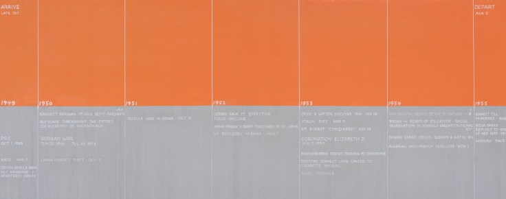 David Diao, Arrive, Depart (2016) acrylic on canvas, 42 x 100-in